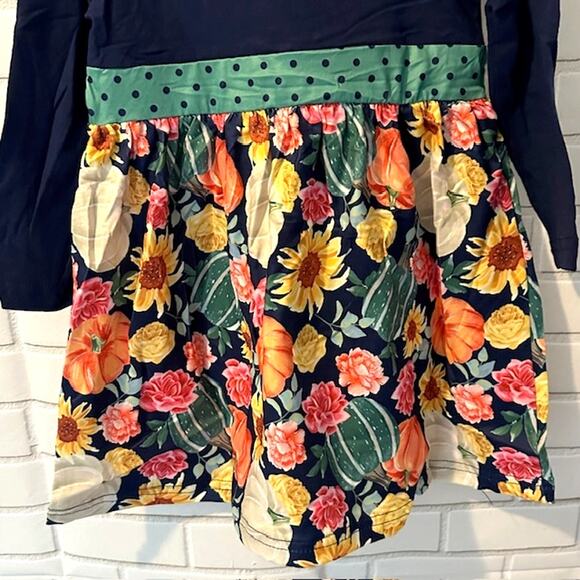 Toddler Girls 2T (S) Okie & Lou Blue Green Floral Pumpkins Harvest Dress - Picture 6 of 8